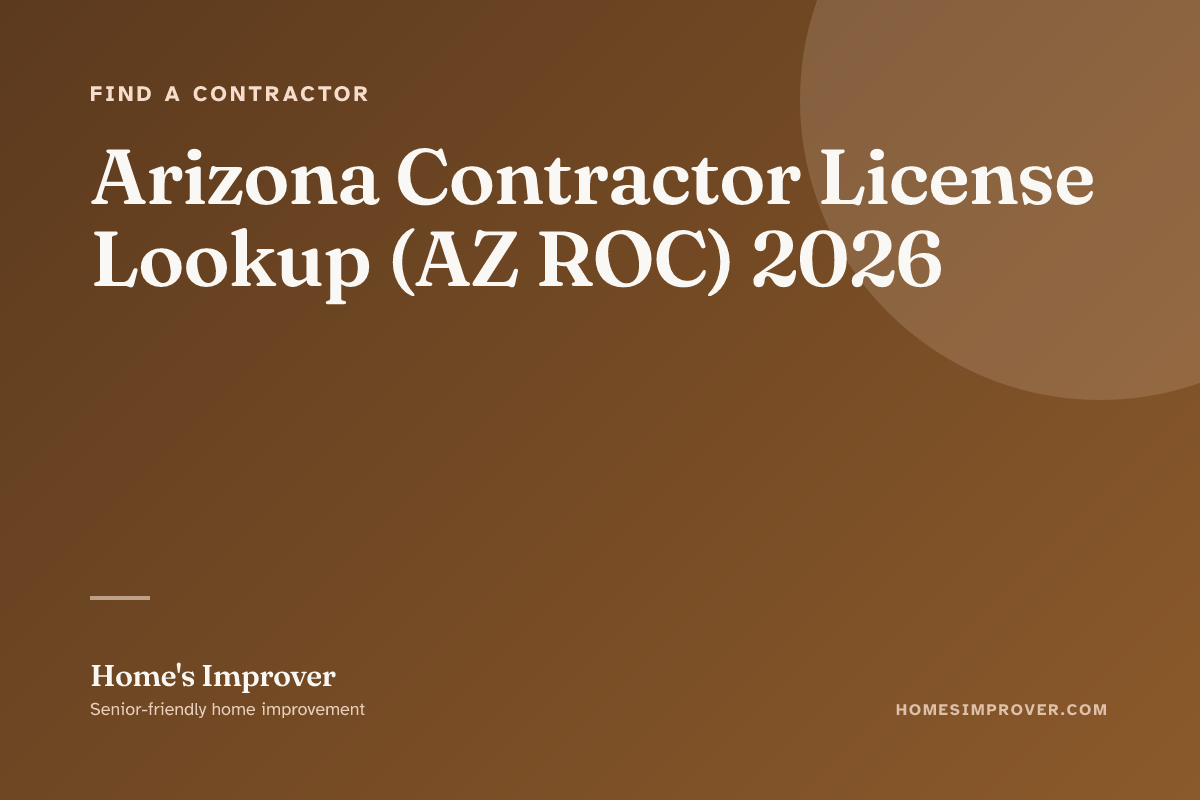 A senior Arizona homeowner verifying a contractor's AZ ROC license at roc.az.gov on a tablet with the contractor's printed quote and a note showing the residential KA classification on the desk