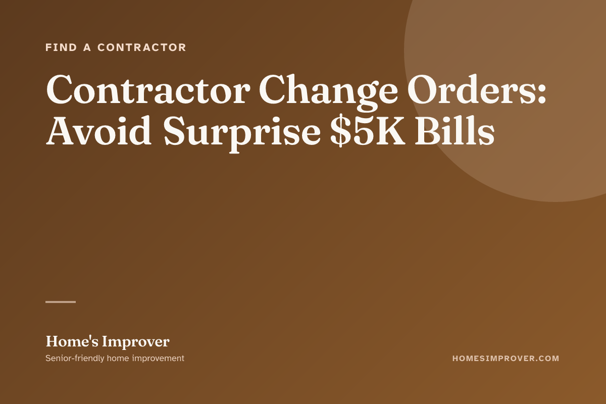A contractor handing a written change order document to a senior homeowner at a kitchen table, with the original signed contract visible alongside and a calculator showing the cost delta