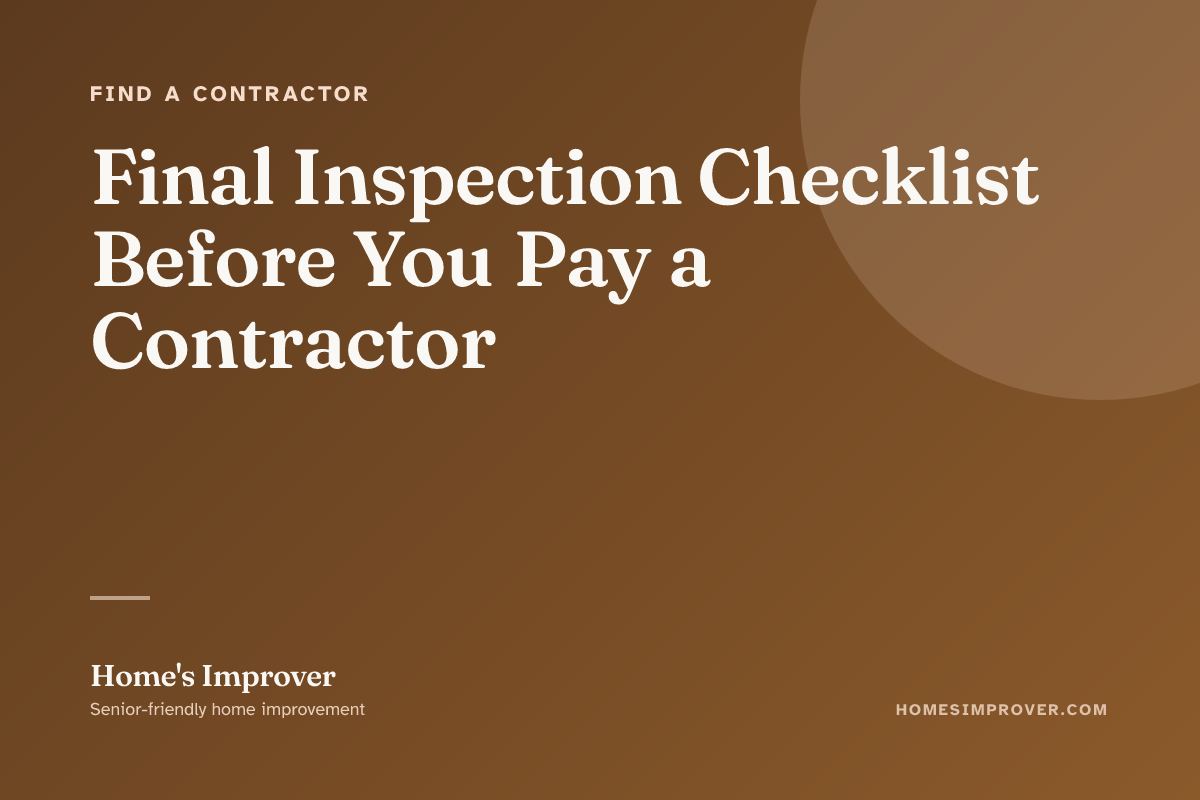A senior homeowner and contractor walking through a finished accessible bathroom with a printed punch-list checklist, checking grab bar tightness and the closed-out permit certificate on the vanity