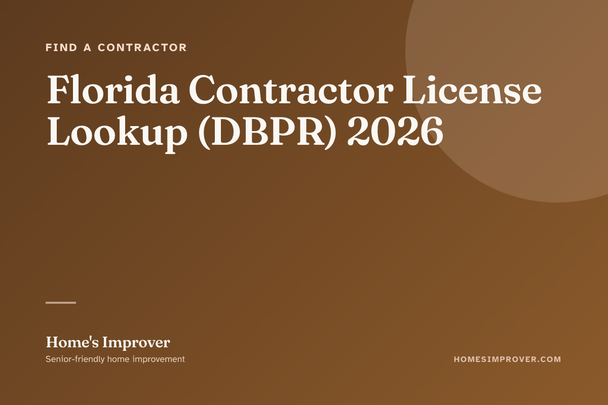 A senior Florida homeowner verifying a contractor license on the DBPR website, the license-detail page showing certified status and license type, a hurricane-damaged roof visible through the window