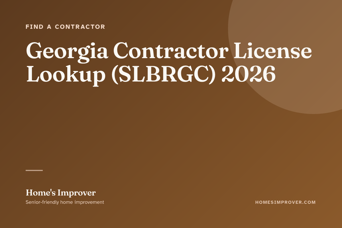 A senior Georgia homeowner verifying a contractor's SLBRGC license at sos.ga.gov on a laptop, with a tier comparison (RG / RL / RB) printed on a notepad alongside the quote
