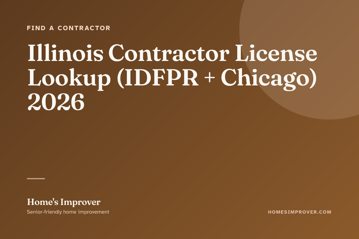 A senior Illinois homeowner verifying a roofer's IDFPR license number at idfpr.illinois.gov on a tablet with a contractor's quote and printed insurance certificate beside the laptop