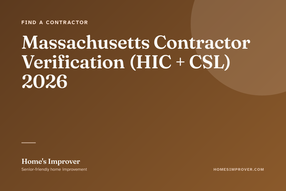 A senior Massachusetts homeowner verifying both a contractor's HIC registration AND CSL license on mass.gov on a laptop, with both credential cards visible on the table