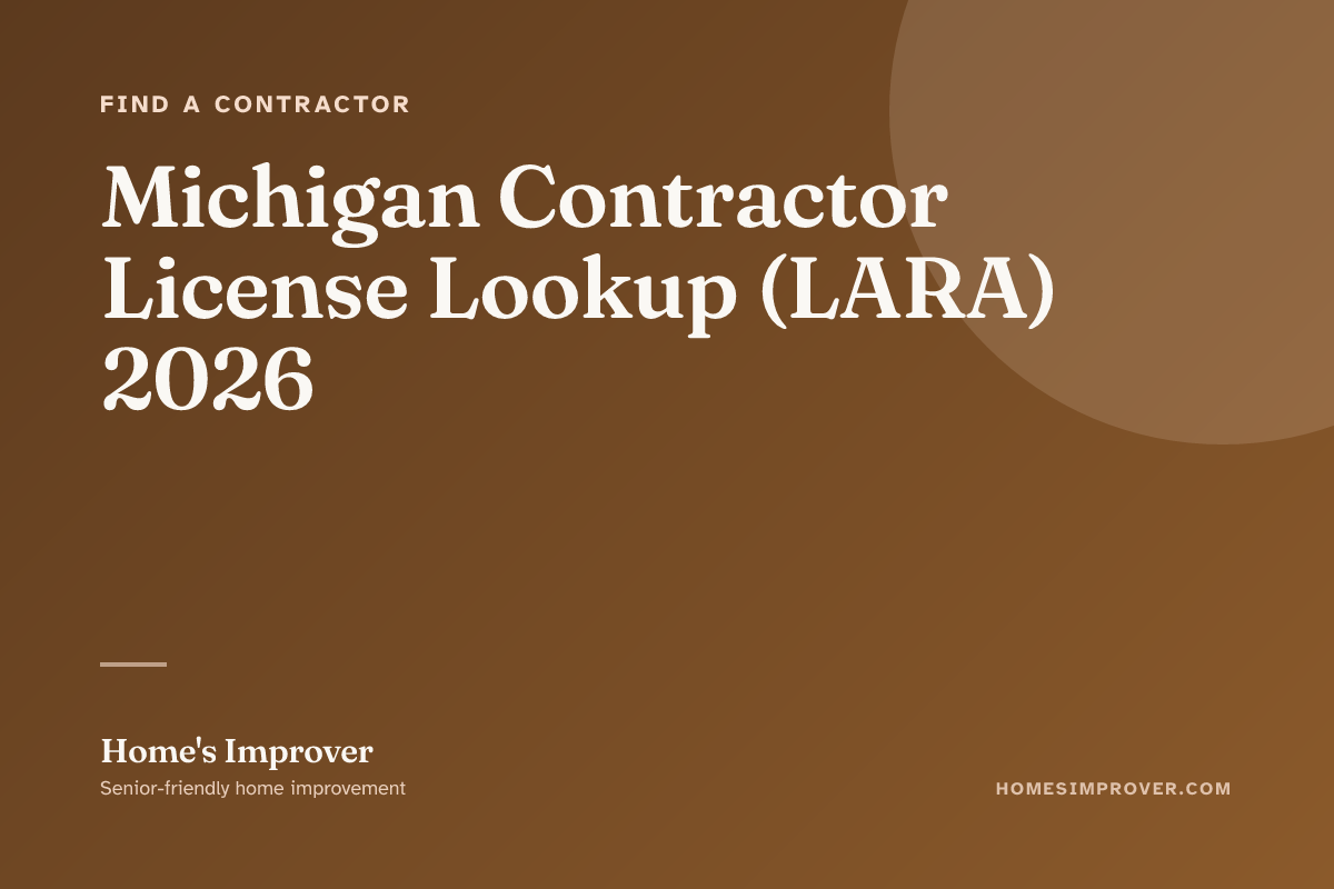 A senior Michigan homeowner verifying a contractor's LARA Residential Builder license at michigan.gov/lara on a tablet, with snow visible through the window framing the verification scene