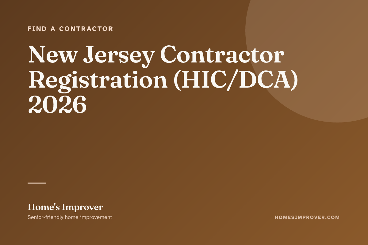 A senior New Jersey homeowner verifying a contractor's HIC registration on njconsumeraffairs.gov, the contractor's printed quote next to a note about the $500 written-contract threshold