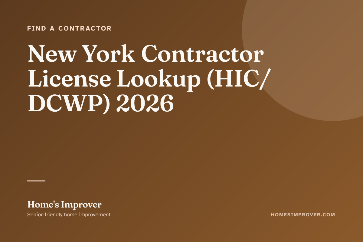 A senior New York City homeowner verifying a contractor's HIC license number on the DCWP license search website, the contractor's quote and business card on the kitchen table