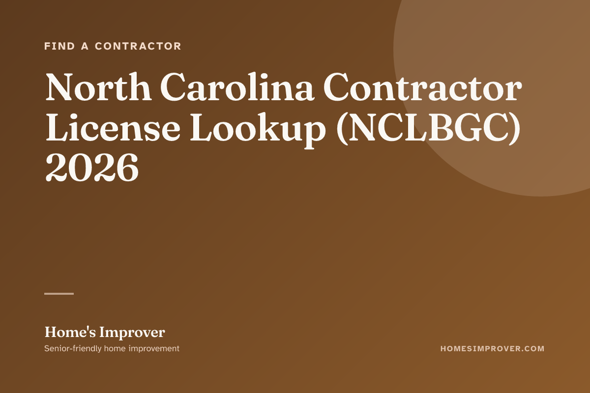 A senior North Carolina homeowner checking a contractor's NCLBGC license on a tablet, with the NC dual-board (NCLBGC + NCBEEC) icons visible on a printed checklist