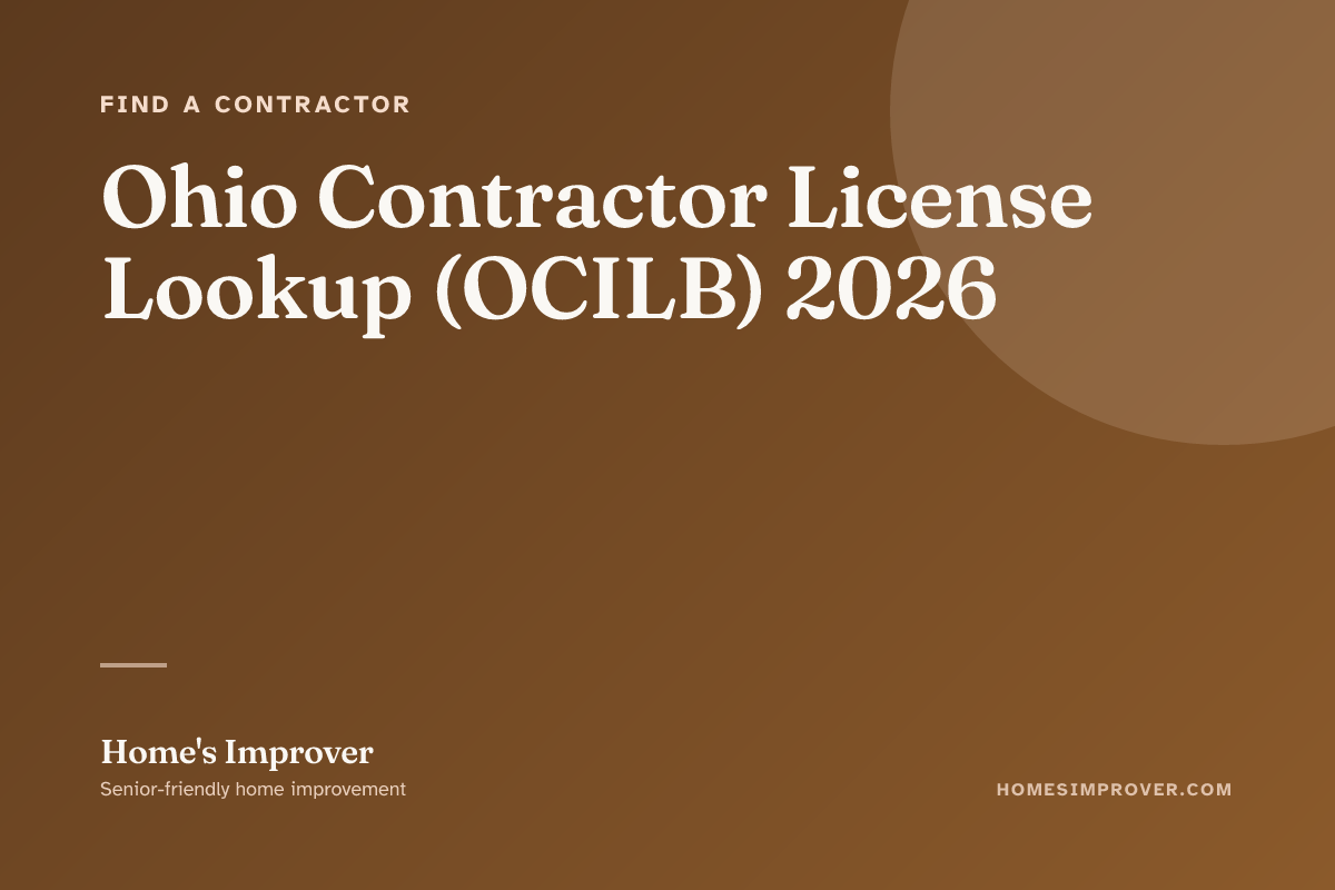 A senior Ohio homeowner verifying an HVAC contractor's OCILB license number on the Ohio Construction Industry Licensing Board website with a printed quote on the desk