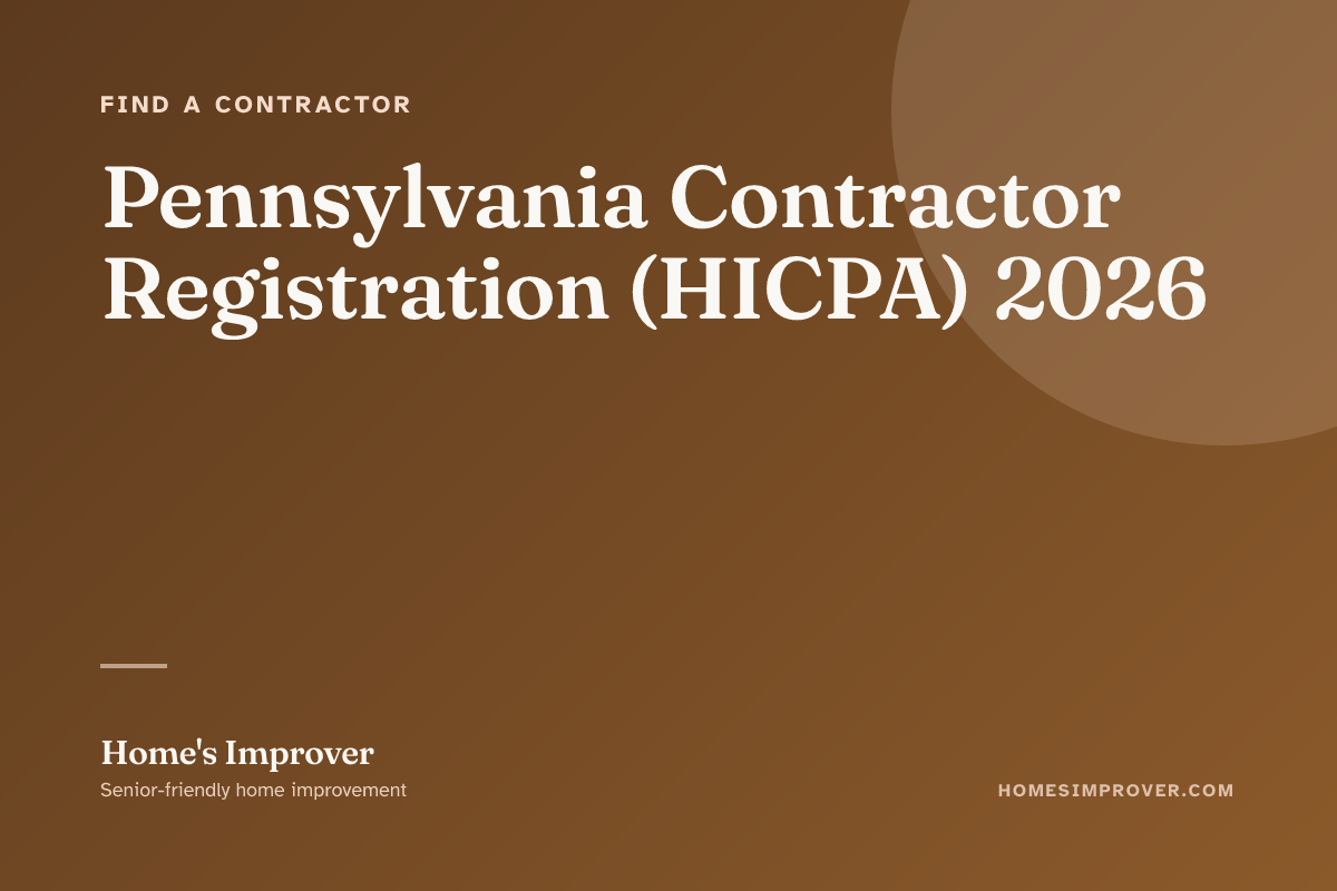 A senior Pennsylvania homeowner checking a contractor's HICPA registration number on the PA Attorney General website with a printed quote and notebook on the table