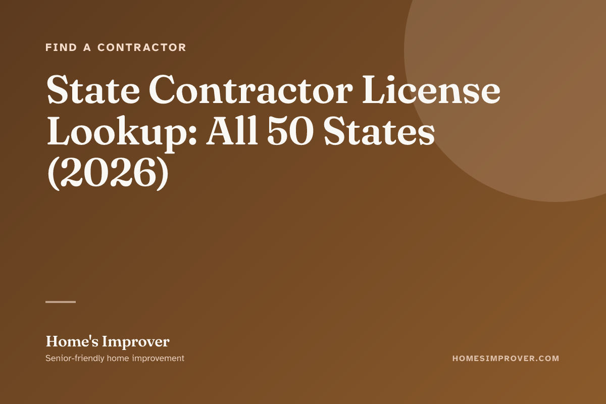 A senior homeowner verifying a contractor's state license number at the California CSLB website on a laptop, with a printed contractor business card next to the keyboard