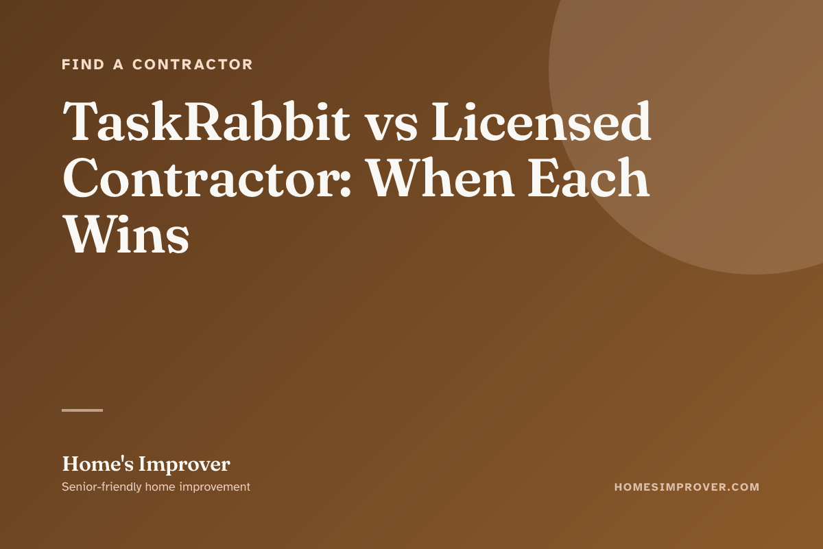 A split-image comparison — left side shows a TaskRabbit Tasker assembling a piece of furniture in a senior home; right side shows a licensed contractor in uniform with a permit clipboard installing a grab bar