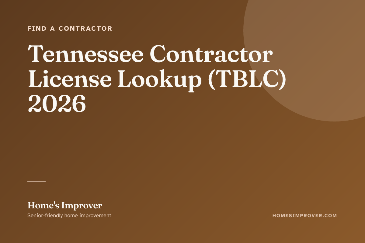 A senior Tennessee homeowner verifying a contractor's TBLC license at tn.gov on a laptop, with the contractor's printed quote and the TBLC tier reference sheet on the kitchen table