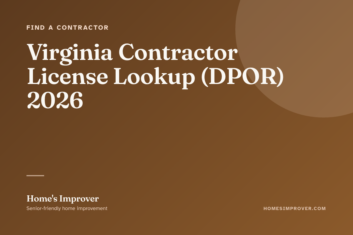 A senior Virginia homeowner verifying a contractor's DPOR Class A license at dpor.virginia.gov on a laptop with a printed quote and tier reference chart on the table