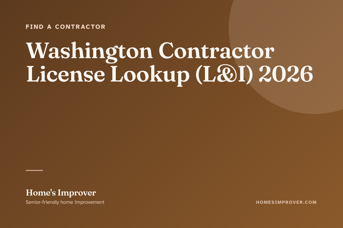 A senior Washington homeowner verifying a contractor's L&I license on lni.wa.gov with the inline display of bond status and insurance amount visible on the screen